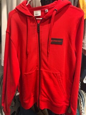 Burberry Bright Red Zip Hoodie with Logo Patch